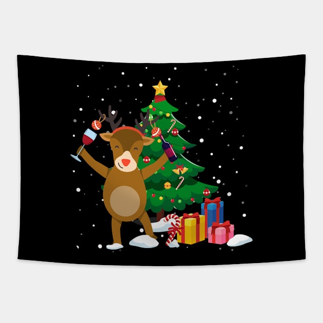 Funny Reindeer Drinking Wine Christmas Tree Tapestry by maximel19722