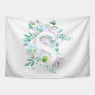 Botanical alphabet S green and purple flowers Tapestry