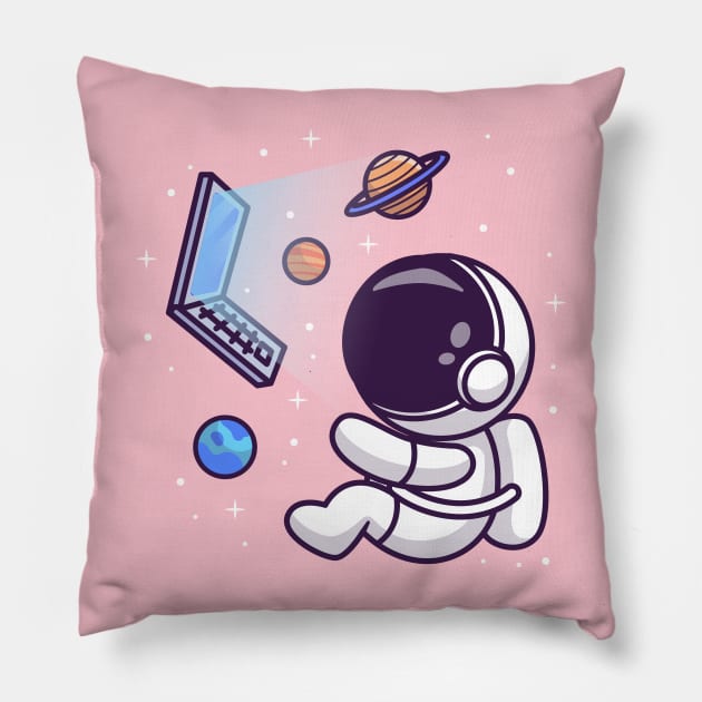 Cute Astronaut Floating With Laptop And Planet On Space Cartoon Pillow by Catalyst Labs