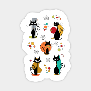 Mid Century Atomic Black Cats - Retro Colorful Feline Art Magnet