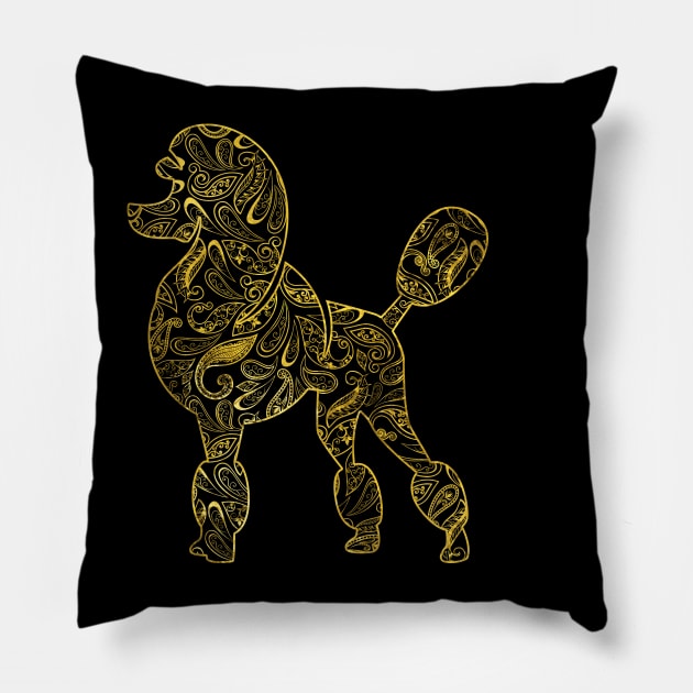 Poodle Dog in  Gold Paisley pattern Pillow by Nartissima