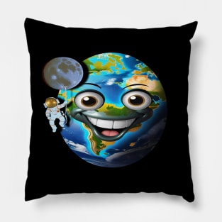 The astronaut hanging on the moon in front of the cute Earth Pillow