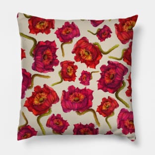 Scarlet Red Poppy Flower vintage illustration pattern Pillow
