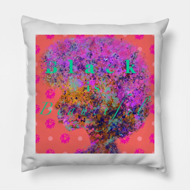 Black is Beautiful (Multicolored on Coral) Pillow by DesignbyKurlz