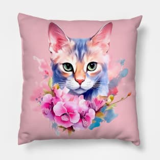 Watercolor romantic cat in flowers Pillow