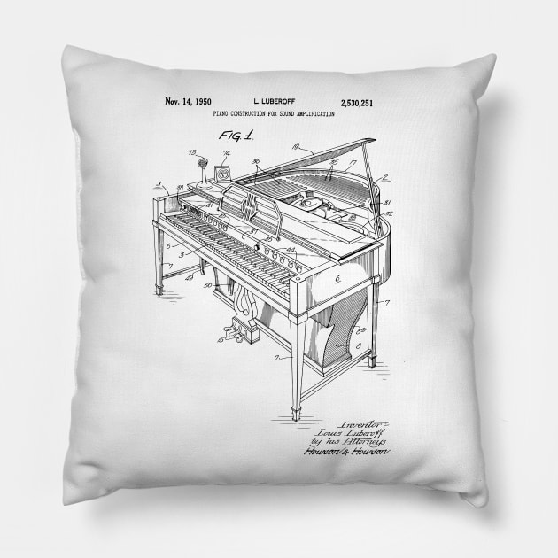 Piano Player Gifts - 1950 Grand Piano Patent Print Pillow by MadebyDesign