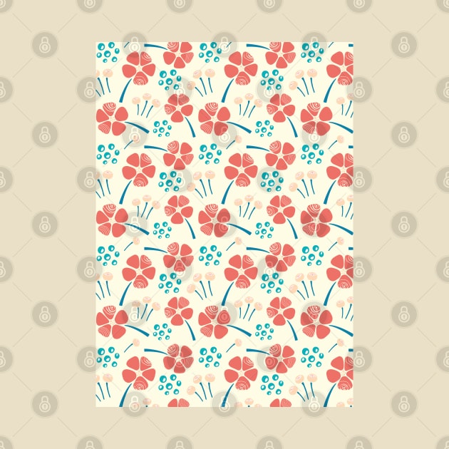 Abstract Floral Pattern in Blue, Teal, Peach, Salmon and Yellow by tramasdesign