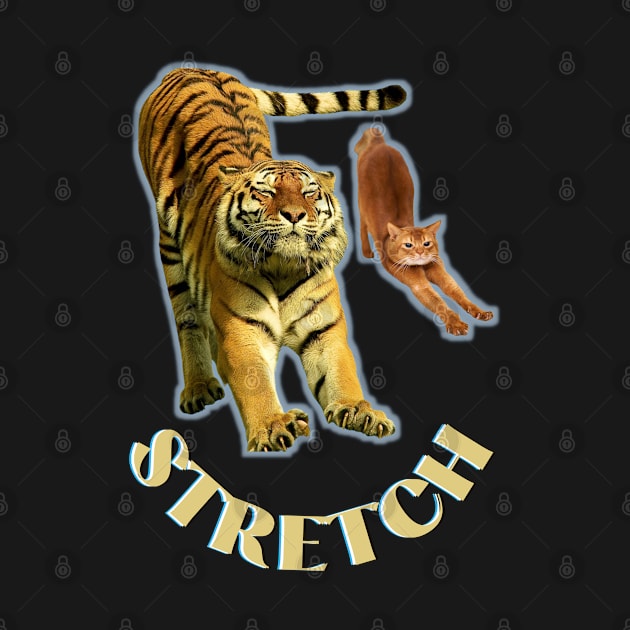 Stretch exercise by a tiger and a cat - gold text by Blue Butterfly Designs 