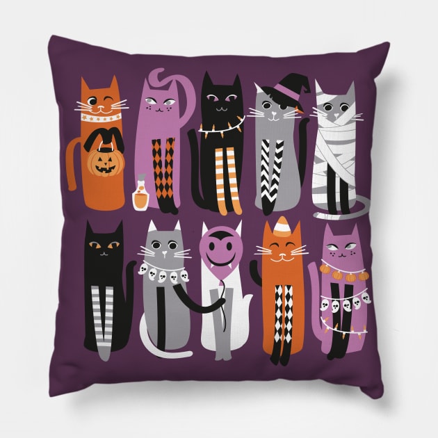 High Gothic Halloween Cats // print // purple background orange grey purple white and black kittens Pillow by SelmaCardoso