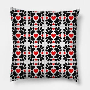 Dog Paws Red Hearts Ceramic Tile Pattern Print Pillow