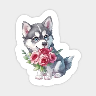 Valentine Siberian Husky Dog Giving Flowers Magnet