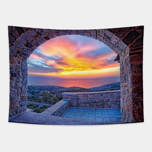 The sunset from the medieval mastic village of Avgonyma on the island of Chios, Greece Tapestry by Constantinos Iliopoulos Photography