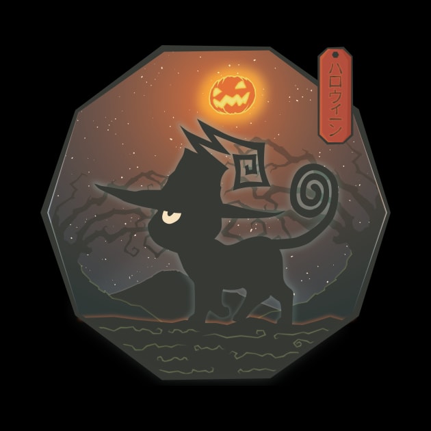 Japanese Halloween Cat with Pumpkin Moon -  Anime Neko by MythoCulture