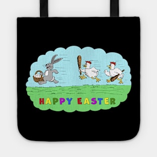 Happy Easter Bunny and Chicken Cartoon T-Shirt, Fun Easter Egg Hunt Tee, Spring Festival Family Apparel, Kids and Adults Tote