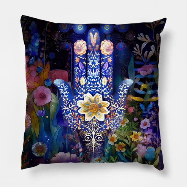 Hippy Floral Art,Hamsa Hand, Pillow by Dream and Design