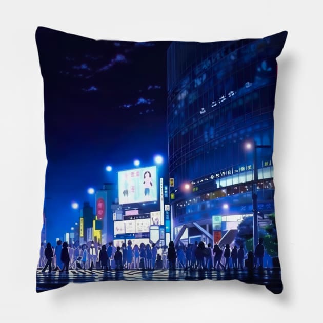 Shibuya Crossing in Tokyo at Night Cityscape - Anime Wallpaper Pillow by KAIGAME Art