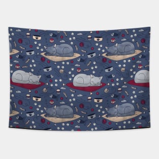 Sleepy Cat Dreams Pattern, Blue Grey Tapestry