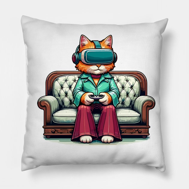 Vintage cat gamer - Nostalgic Geek Chic Apparel Pillow by TimeWarpWildlife