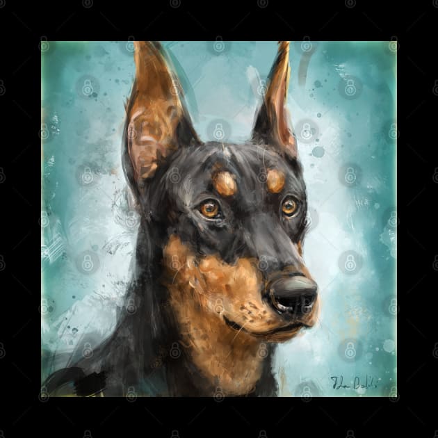 Contemporary Painting of a Black and Gold Doberman Pinscher on Blue Background by ibadishi