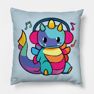 Happy dragon or dinosaur with headphones Pillow