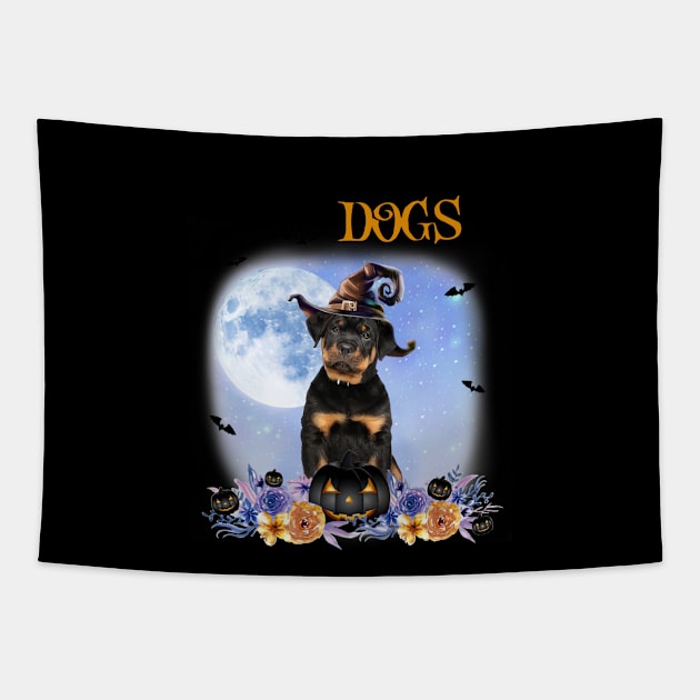 Rottweiler Witch Hat Life Is Better With Dogs Halloween Tapestry by nakaahikithuy