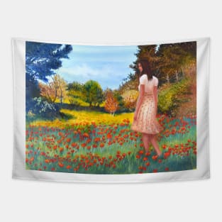 Woman girl walking in meadow zen yoga buddhism Tapestry