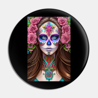 Sugar Skull Art - Colorful Woman in Sugar Skull Makeup Pin