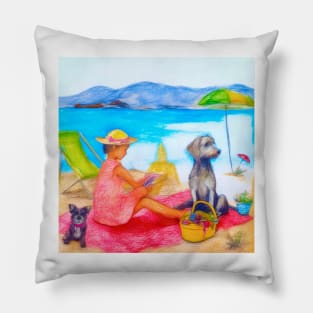 Girl and dogs on the beach, pencil drawing Pillow