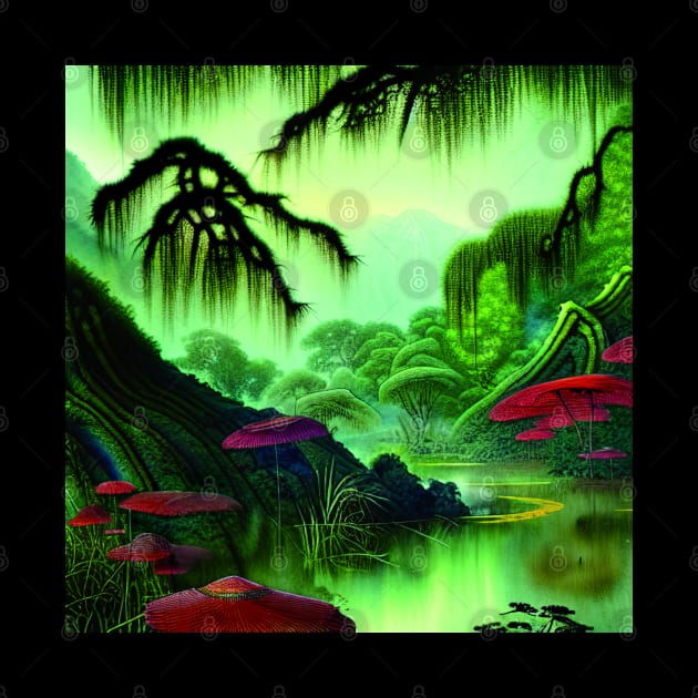 Digital Painting Scene Of a Lake Between Many Colorful Plants, Amazing Nature by Promen Art