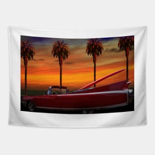 RED CADILLAC CONVERTABLE AND PALM TREES Tapestry