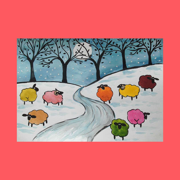 Quirky Colourful Sheep in the Snow by Casimirasquirkyart