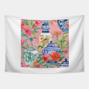 Preppy flowers and chinoiserie jars on pink Tapestry