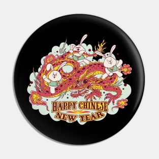 three cartoon bunnies riding on a Chinese dragon, and the title Happy Chinese new year Pin