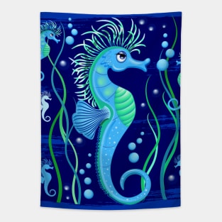 Seahorse cute blue sea animal Cartoon Character Tapestry