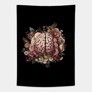 Brain with flowers, psychology, mental health, front brain, vintage grunge distressed effect Tapestry