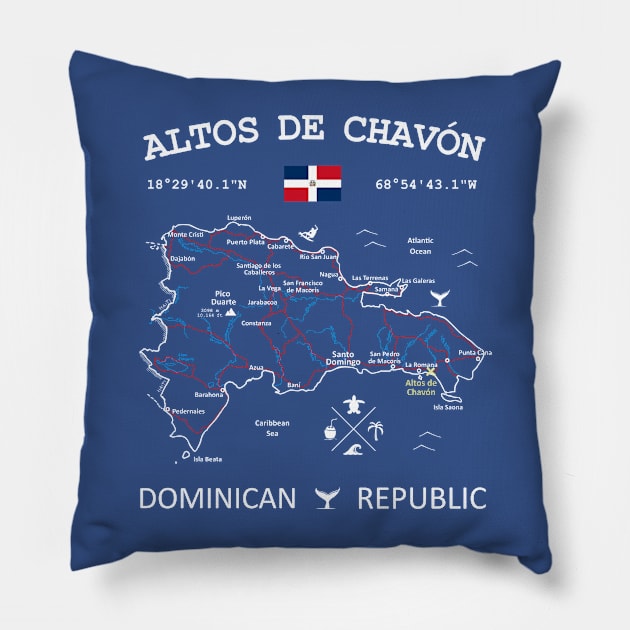 Altos de Chavón Dominican Republic Flag Travel Map Coordinates GPS Pillow by French Salsa