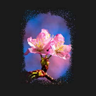 Three Rich Pink Sakura Flowers And Dark Blue Sky T-Shirt