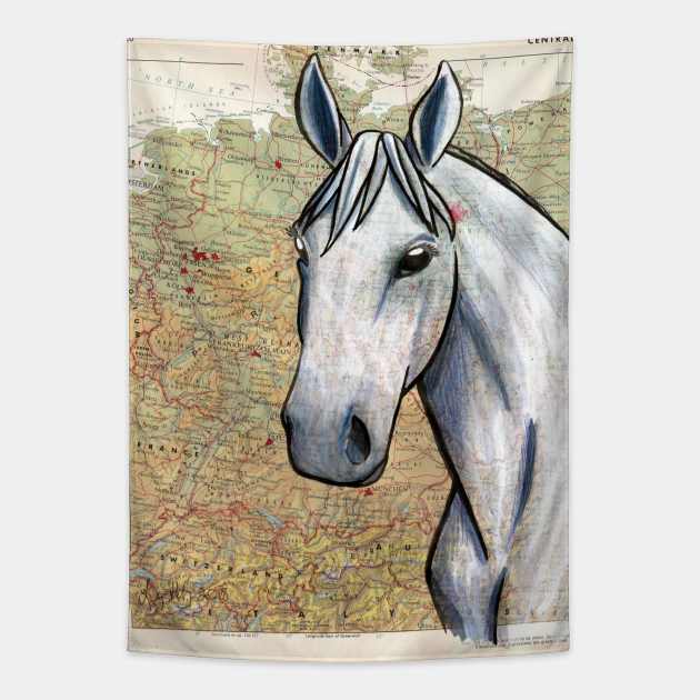 Trakehner Horse on Vintage Map Tapestry by lizstaley