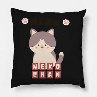 White Illustration Cute Neko Chan Pillow