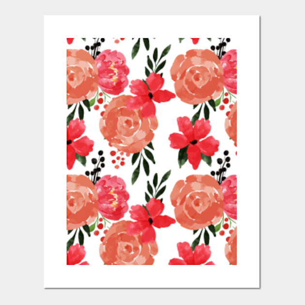 Orange Red Watercolor Floral Pattern Red Roses Pattern Affiche Et Impression D Art Teepublic Fr
