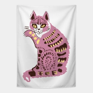 Cute Pink Folk Cat Tapestry