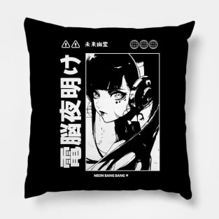 Vaporwave Cyberpunk Japanese Manga Girl Black and White Pillow