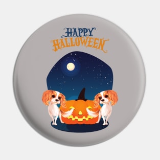 Cavalier King Charles Spaniel with Happy Halloween Sign and Spooky Pumpkin Pin