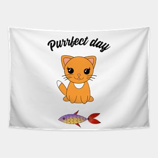 Purrfect day - a cute kawaii kitty with a colorful fish Tapestry