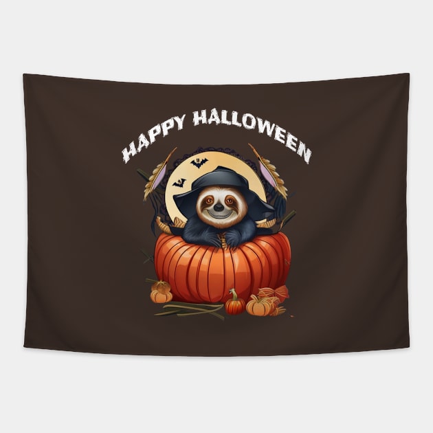 A funny sloth celebrating Halloween Tapestry by halazidan