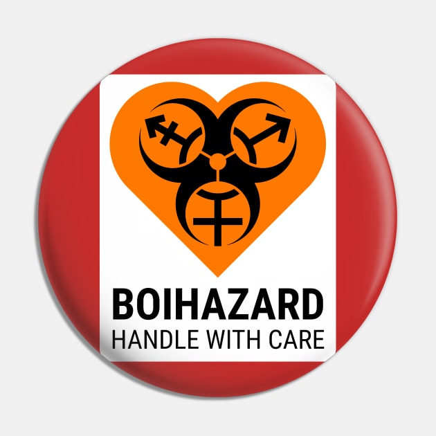 "BOI HAZARD/handle with care" Heart - Label Style - Orange Pin by GenderConcepts