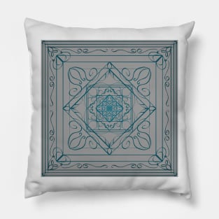 Teal Art Nouveau Pattern on a Light Gray Background Pillow