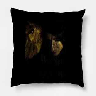 Portrait, collage, special processing. Man, dark costume, long hair, looking down. On left demon of gold. Gold. Pillow