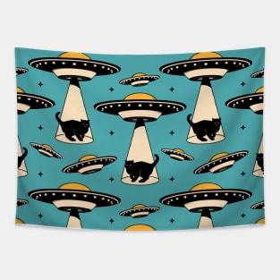 Aliens and Black Cat Pattern in blue Tapestry