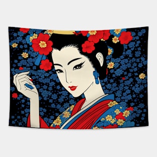 Geisha with Flowers Retro Comic Book Tapestry